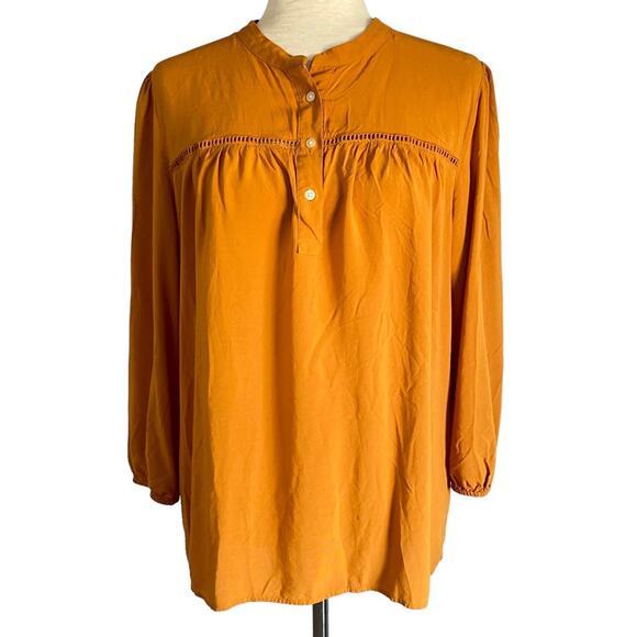 LOFT Gold Yellow Quarter Button Blouse Size Large Business Casual Relaxed Fit - Picture 1 of 7